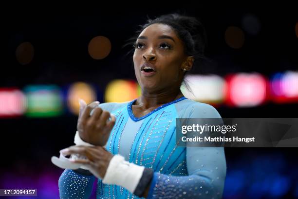 Simone Biles of the Team United States reacts during Women's Qualifications on Day Two of the FIG Artistic Gymnastics World Championships at the...