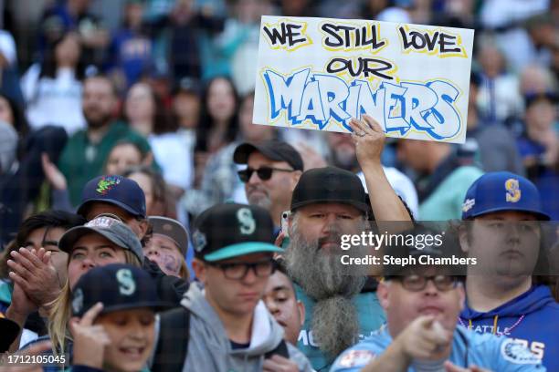 Fans cheer after the game between the Seattle Mariners and the Texas Rangers at T-Mobile Park on October 01, 2023 in Seattle, Washington.