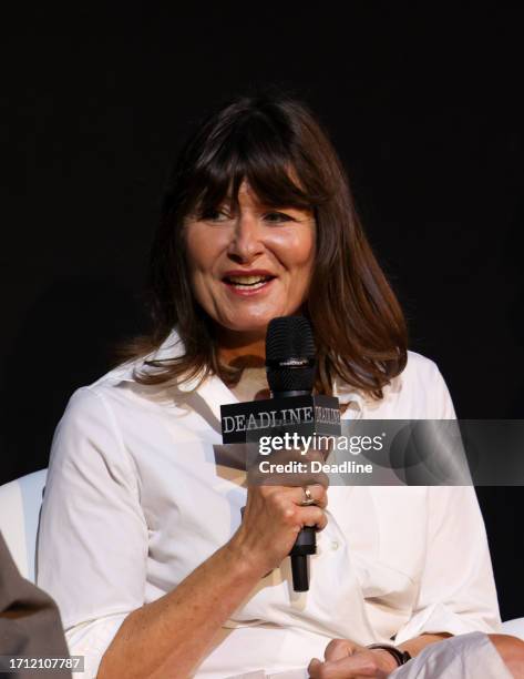 Maria Djurkovic speaks on the panel for 'Ferrari' at Deadline Contenders Film: London on October 7, 2023 at Ham Yard Hotel in London, England.