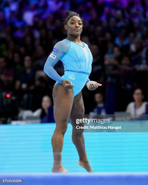 Simone Biles of Team United States competes on Floor Exercise during Women's Qualifications on Day Two of the FIG Artistic Gymnastics World...