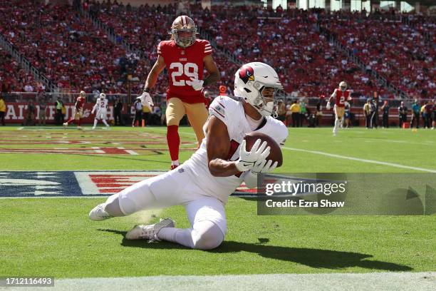 Michael Wilson of the Arizona Cardinals makes a touchdown reception during the second quarter against the San Francisco 49ers at Levi's Stadium on...