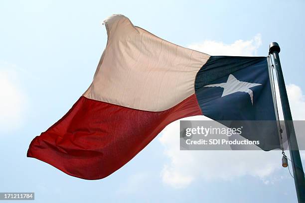 texas flag waving in the wind of bright blue sky - texas star stock pictures, royalty-free photos & images