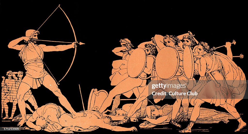 Homer, The Odyssey.   Ulysses (Odysseus) killing the Suitors of his wife Penelope on the island of Ithaca