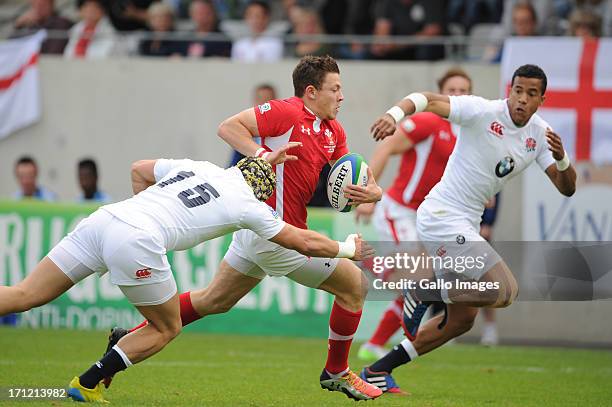 Ashley Evans of Wales\ during the 2013 IRB Junior World Championship Final match between England and Wales at Stade de la Rabine on June 23, 2013 in...