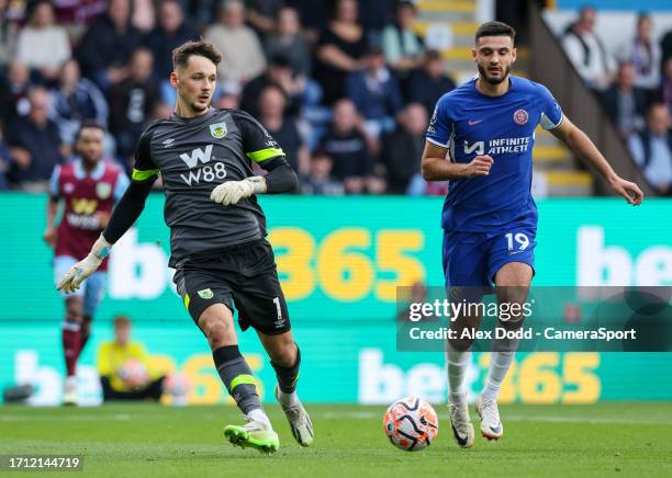 Burnley's James Trafford in action during the Premier League match between Burnley FC and Chelsea FC at Turf Moor on October 7, 2023 in Burnley,...