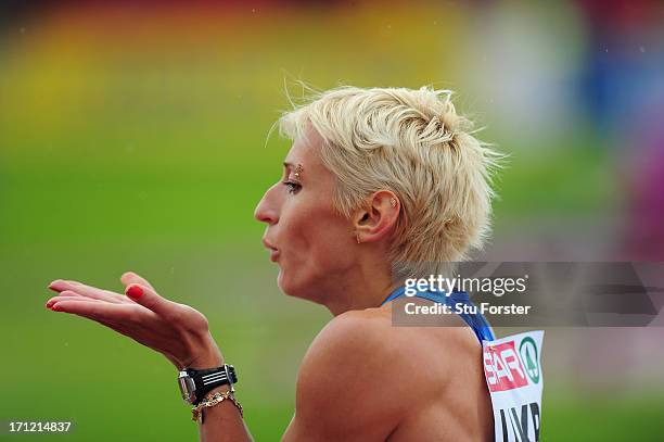 Mariya Ryemyen of Ukraine blows a kiss after winning the womens 200 metres heat during day two of the European Athletics Team Championships at...
