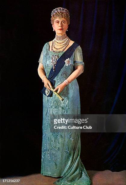 Queen Mary, official portrait photograph of 1935, in sash and tiara, holding fan. Illustrated London News Silver Jubilee. Colour photograph by Finlay...