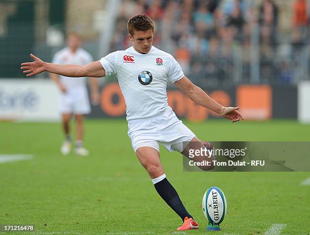 Henry Slade of England kicks a penalty during the IRB Junior World Championship Final match between England U20 and Wales U20 at Stade de la Rabine...