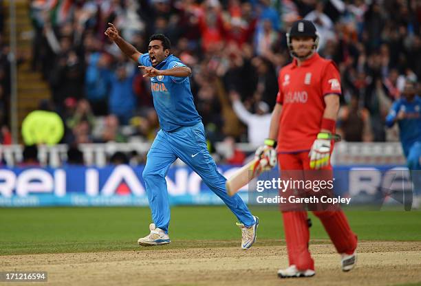 Ravichandran Ashwin of India celebrates the wicket of Joe Root of England during the ICC Champions Trophy Final between England and India at...