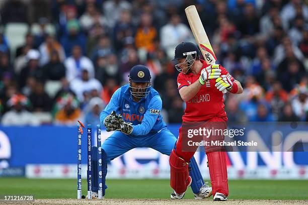 Ian Bell of England is stumped by MS Dhoni of India off the bowling of Ravindra Jadeja during the ICC Champions Trophy Final match between England...