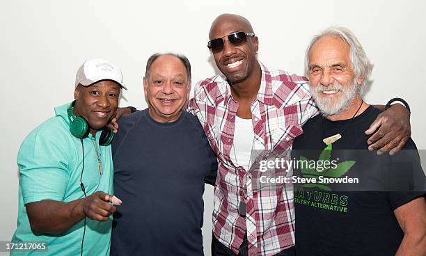 Tommy Chong poses with comedy partner Cheech Marin, J.B. Smoove , and Smooves road manager AB Butler backstage at Route 66 Casinos Legends Theater on...