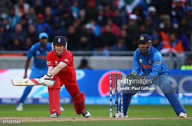 Eoin Morgan of England hits out during the ICC Champions Trophy Final match between England and India at Edgbaston on June 23, 2013 in Birmingham,...