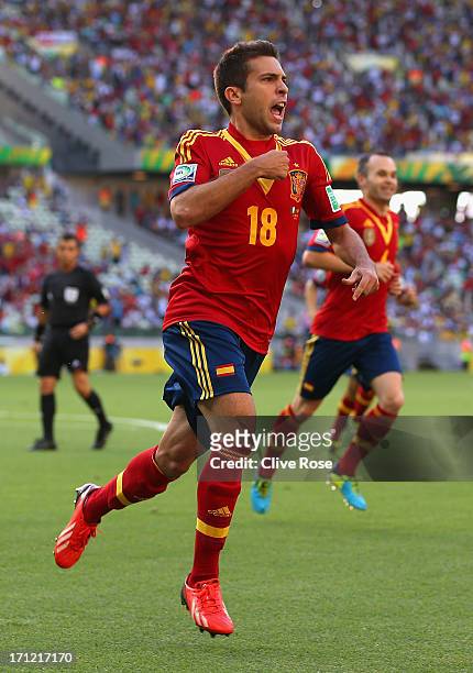 Jordi Alba of Spain celebrates as he scores their first goal during the FIFA Confederations Cup Brazil 2013 Group B match between Nigeria and Spain...