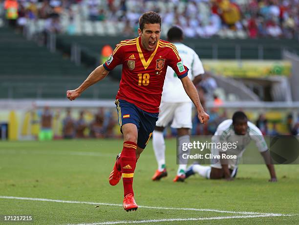 Jordi Alba of Spain celebrates as he scores their first goal during the FIFA Confederations Cup Brazil 2013 Group B match between Nigeria and Spain...