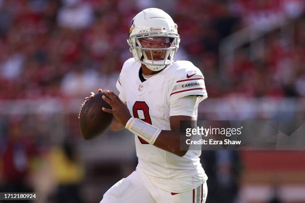 Joshua Dobbs of the Arizona Cardinals looks to pass during the third quarter against the San Francisco 49ers at Levi's Stadium on October 01, 2023 in...