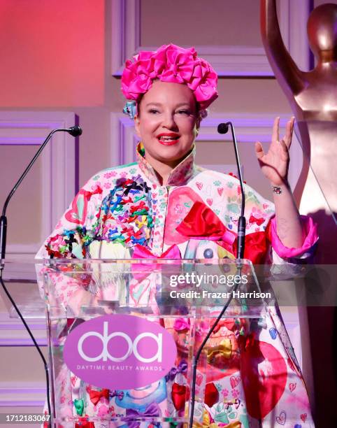 Sia Furler speaks onstage during the 5th Daytime Beauty Awards honoring science behind beauty, health and wellness at Taglyan Complex on October 01,...