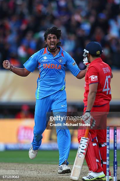 Ishant Sharma of India celebrates taking the wicket of Ravi Bopara during the ICC Champions Trophy Final match between England and India at Edgbaston...
