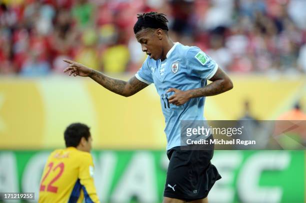 Abel Hernandez of Uruguay celebrates after scoring in the 24th minute against Tahiti during the FIFA Confederations Cup Brazil 2013 Group B match...