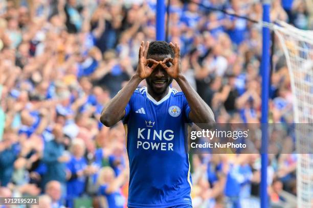 Kelechi Iheanacho of Leicester City celebrates after scoring a goal to make it 1-0 during the Sky Bet Championship match between Leicester City and...