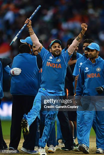 Virat Kohli of India celebrates victory during the ICC Champions Trophy Final between England and India at Edgbaston on June 23, 2013 in Birmingham,...