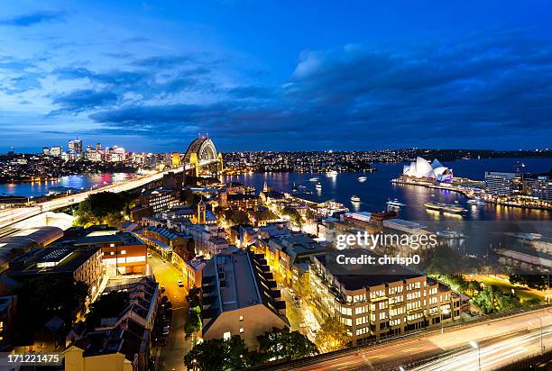 aerial view of sydney at dusk - circular quay stock pictures, royalty-free photos & images