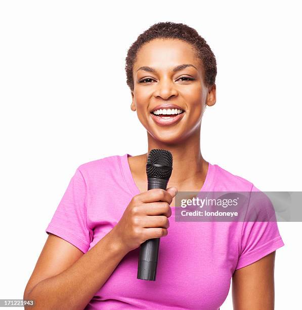 african american woman singing - isolated - microphone white background stockfoto's en -beelden