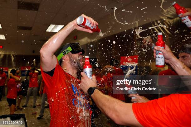 Chas McCormick of the Houston Astros celebrates after the Astros defeated the Arizona Diamondbacks 8-1 to win the American League West division title...