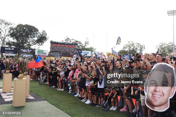 Penrith fans cheer their team during the Penrith Panthers NRL Grand Final celebrations at BlueBet Stadium on October 02, 2023 in Penrith, Australia.