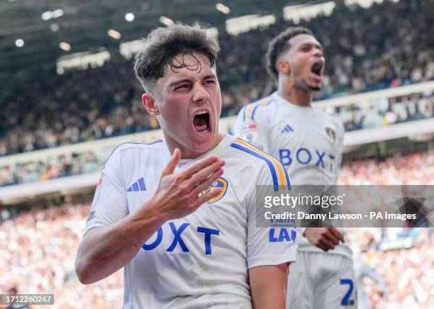 Leeds United's Daniel James celebrates scoring his sides first goal with team mate Leeds United's Georginio Rutter during the Sky Bet Championship...