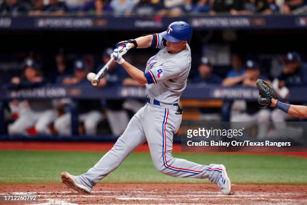 Corey Seager of the Texas Rangers bats against the Tampa Bay Rays during Game Two of the Wild Card Series at Tropicana Field on October 04, 2023 in...