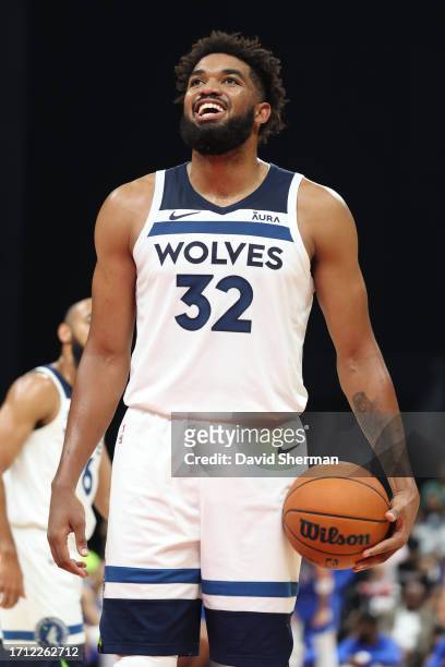 Karl-Anthony Towns of the Minnesota Timberwolves smiles during the game against the Dallas Mavericks as part of the 2023 NBA Global Games Abu Dhabi...