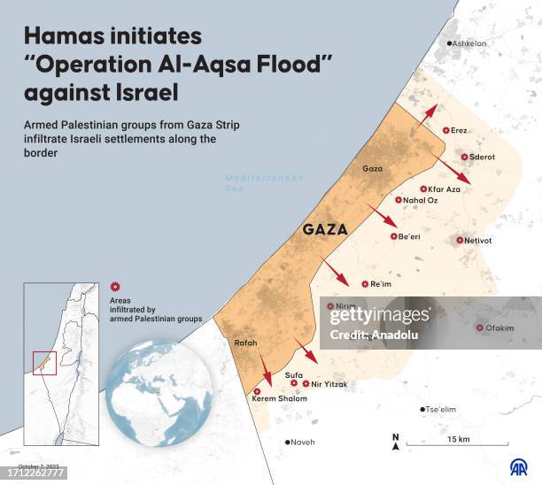 An infographic titled "Hamas initiates "Operation Al-Aqsa Flood" against Israel" created in Ankara, Turkiye on October 07, 2023. Armed Palestinian...