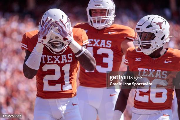 Texas Longhorns defensive back Kitan Crawford reacts after missing an interception during the first half against the Oklahoma Sooners on October 7th,...