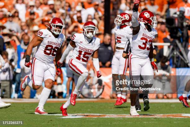 Oklahoma Sooners defensive back Kendel Dolby celebrates after an interception during the game between the Texas Longhorns and the Oklahoma Sooners on...