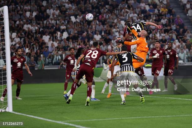 Arkadiusz Milik of Juventus Fc scores his team's first goal during the Serie A TIM match between Juventus and Torino FC on October 7, 2023 in Turin,...