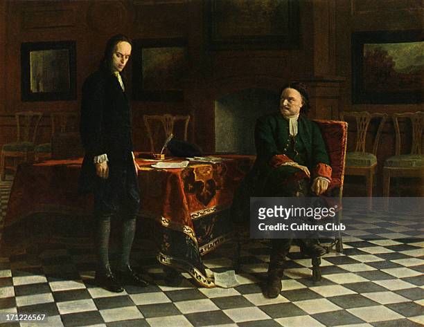 Tsar Peter I of Russia with his son Alexei - painting by N. Gué. Original held at the State Russian Museum, St. Petersburg, Russia.Peter the Great,...