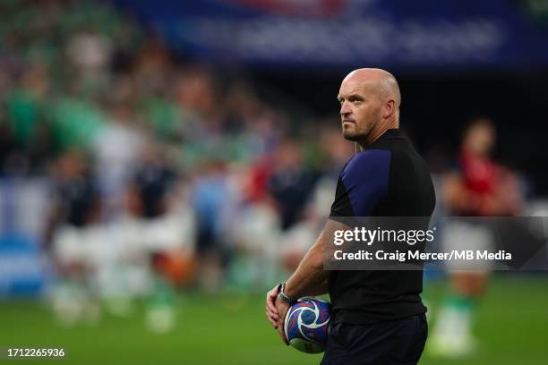 Scotland Head Coach Gregor Townsend looks on during the pre match warm up ahead of the Rugby World Cup France 2023 match between Ireland and Scotland...