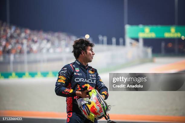 Sergio Perez of Red Bull Racing crashes out during the sprint race of the F1 Qatar Grand Prix at Losail Circuit in Doha, Qatar on October 07, 2023.