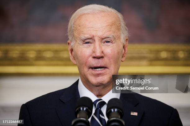 President Joe Biden speaks on the terrorist attacks in Israel from the State Dining Room at the White House on October 7, 2023 in Washington, DC. The...