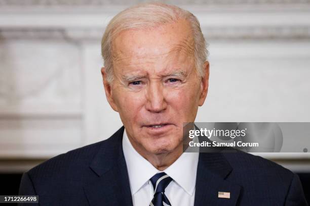 President Joe Biden speaks on the terrorist attacks in Israel from the State Dining Room at the White House on October 7, 2023 in Washington, DC. The...