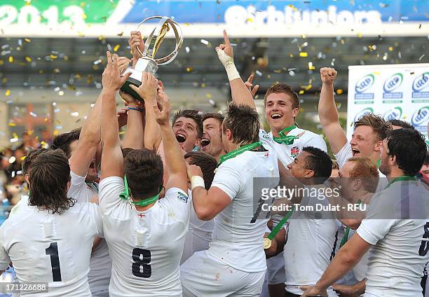 England players celebrate with the trophy after winning the IRB Junior World Championship Final match between England U20 and Wales U20 at Stade de...