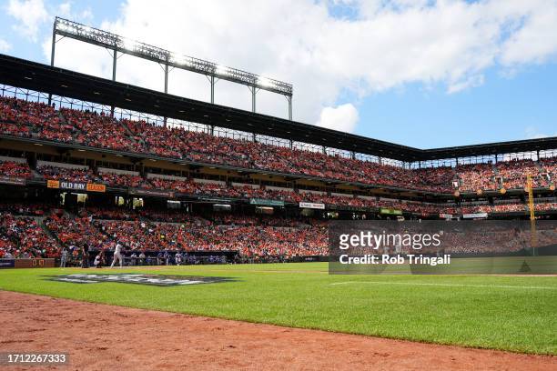 General view of Oriole Park at Camden Yards during Game 1 of the Division Series between the Texas Rangers and the Baltimore Orioles on Saturday,...