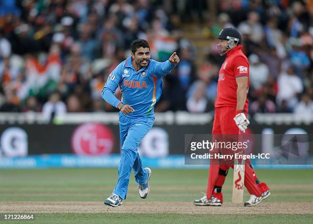 Ravindra Jadeja of India celebrates dismissing Jos Buttler of England during the ICC Champions Trophy final between England and India at Edgbaston on...