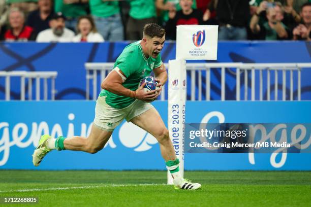 Garry Ringrose of Ireland scores his sides sixth try during the Rugby World Cup France 2023 match between Ireland and Scotland at Stade de France on...