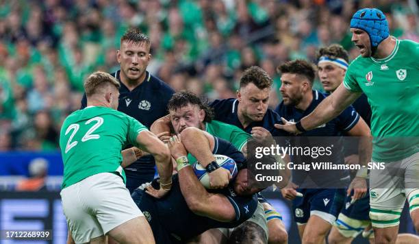 Scotland's Zander Fagerson in action during a Rugby World Cup match between Ireland and Scotland at the Stade de France, on October 07 in Paris,...