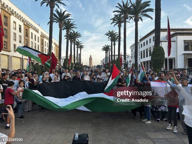 People stage a demonstration and carry Palestinian flag in support of Hamas and Palestinian resistance in Rabat, Morocco on October 07, 2023....