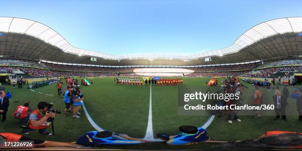 The teams line up prior to the FIFA Confederations Cup Brazil 2013 Group B match between Nigeria and Spain at Castelao on June 23, 2013 in Fortaleza,...