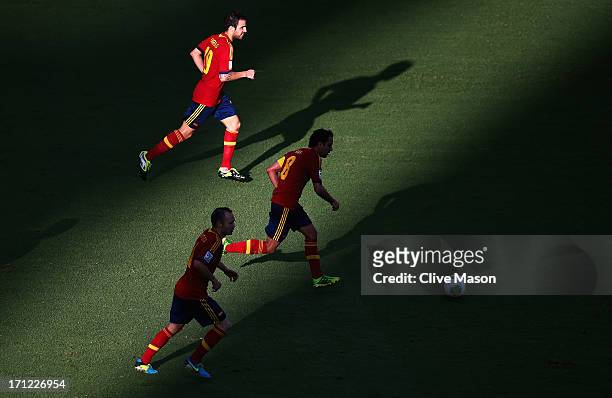 Cesc Fabregas, Xavi Hernandez and Andres Iniesta of Spain in action during the FIFA Confederations Cup Brazil 2013 Group B match between Nigeria and...