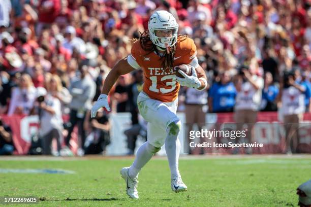 Texas Longhorns wide receiver Jordan Whittington runs the ball during the second half against the Oklahoma Sooners on October 7th, 2023 at Cotton...