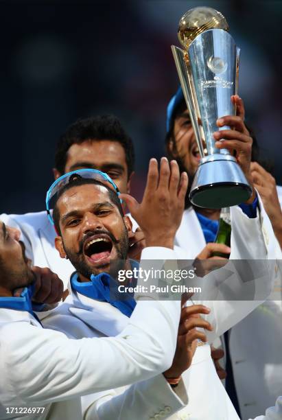 Shikhar Dhawan of India lifts The ICC Champions Trophy after India beat England in the ICC Champions Trophy Final match between England and India at...